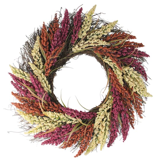 Northlight; 22" Pink & Orange Autumn Harvest Mixed Heather & Grapevine Wreath; Category:Fall Wreaths; Image:1